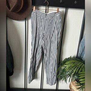 Theory blue white linen blend stripe elastic waist wide leg pants trousers
